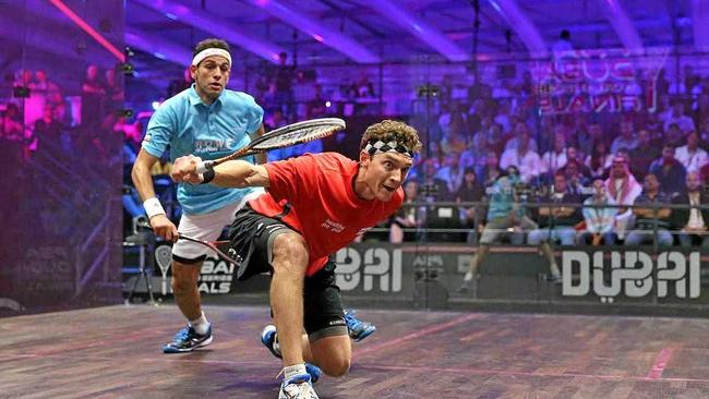 Australia's best male squash player Cameron Pilley powers past Mohamed ElShorbagy in the PSA World Series Finals. Picture: Contributed