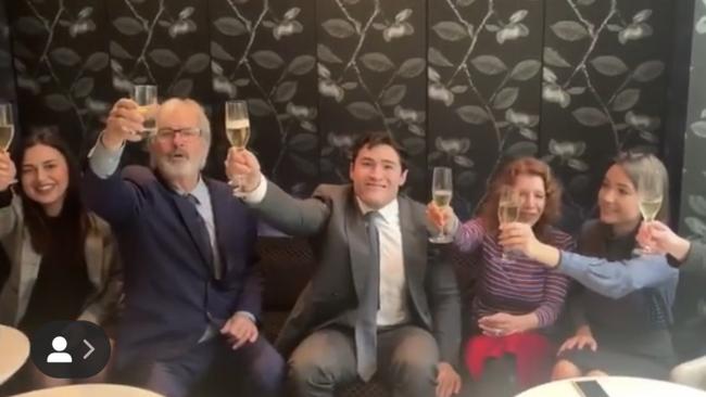 John Jarratt, his lawyer Bryan Wrench (centre) and others at the Sheraton on the Park post-acquittal drinks on Friday