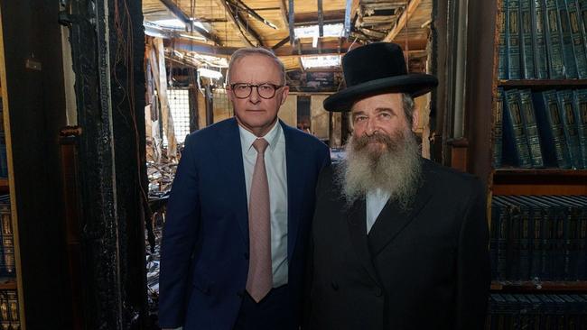 Prime Minister Anthony Albanese visits Adass Israel Synagogue in Ripponlea which was destroyed when fire bombed last week. Picture: Instagram