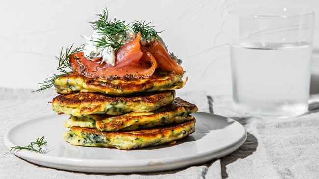 A Mother's Day breakfast in bed of savoury pancakes and gravlax. Photo: Nikki To