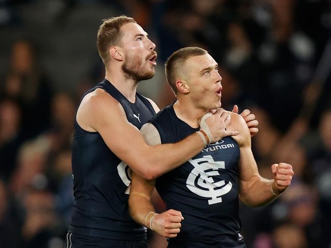 MELBOURNE, AUSTRALIA - APRIL 30: Harry McKay (left) and Patrick Cripps of the Blues celebrate during the 2022 AFL Round 07 match between the Carlton Blues and the North Melbourne Kangaroos at Marvel Stadium on April 30, 2022 in Melbourne, Australia. (Photo by Michael Willson/AFL Photos via Getty Images)