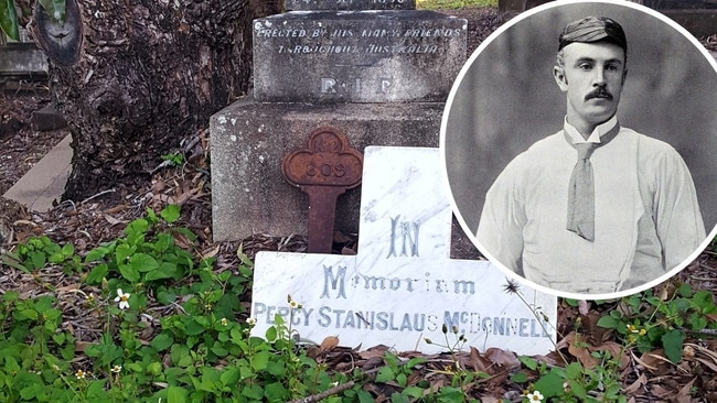 Former Australian Cricket captain Percy McDonnell, who is described as the greatest batsman of the 19th century and his damaged grave in Toowong Cemetery. Picture: Lucy Carne