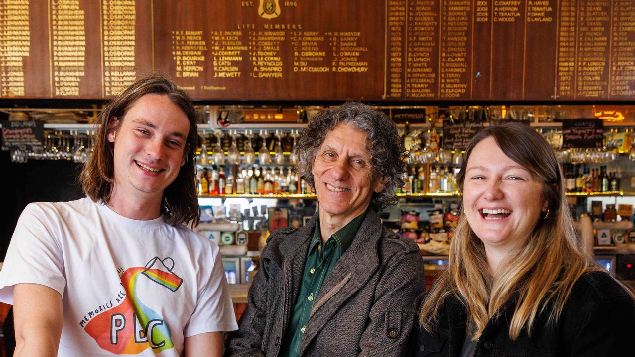 Carl Manwarring, George Casti and Hayley Lyon at the pokies-free Petersham Bowling Club. Picture: David Swift