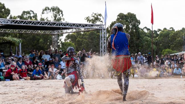 Numbulwar red flag dance at day one of Garma Festival on Friday August 2023. Picture: Pema Tamang Pakhrin