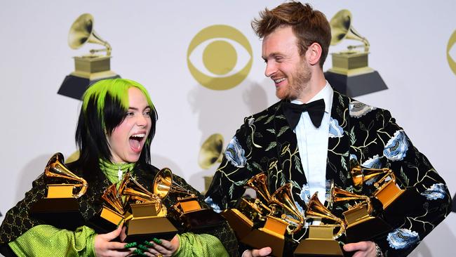 Billie Eilish and Finneas O'Connell pose with Album Of The Year, Record Of The Year, Best New Artist, Song Of The Year and Best Pop Vocal Album during the 62nd Annual Grammy Awards on January 26, 2020. Picture: AFP