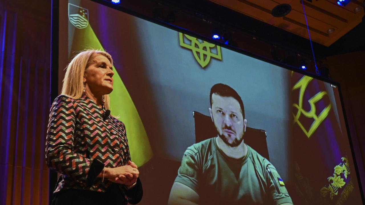 Australian National University Chancellor and former foreign minister Julie Bishop hosts a Q&amp;A with Ukraine President Zelenskyy at Llewellyn Hall in Canberra in August. Picture: NCA NewsWire / Martin Ollman