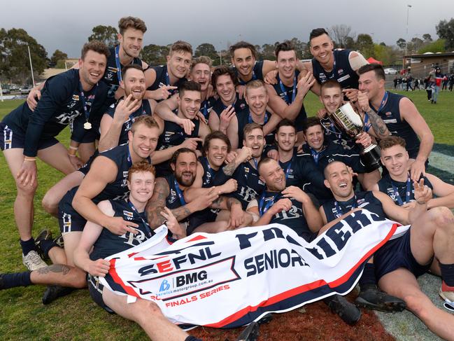 Berwick celebrates last year’s SEFNL flag. Picture: Chris Eastman/AAP