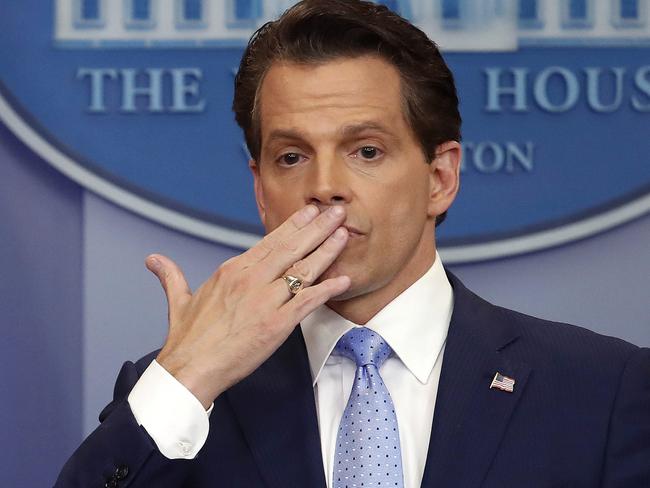 Scaramucci blows a kiss after answering questions during his first day on the job. Picture: Pablo Martinez Monsivais/AP