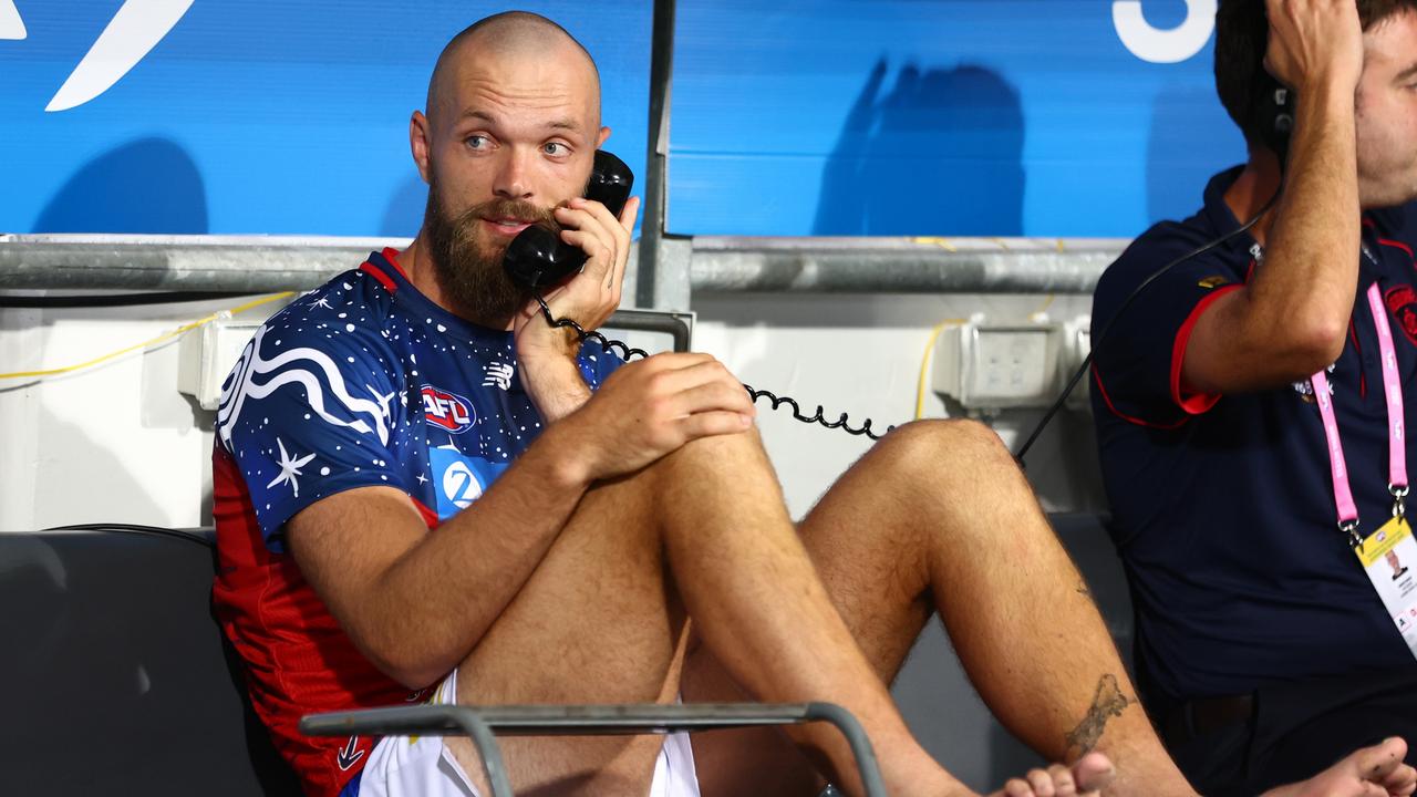 Max Gawn sits on the bench after being subbed out with a serious knee injury. Picture: Chris Hyde/Getty Images