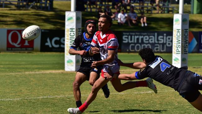 Rosewood fullback Daniel West-Pes makes a break in the Rugby League Ipswich Reserve Grade preliminary final against Goodna. Picture: Bruce Clayton