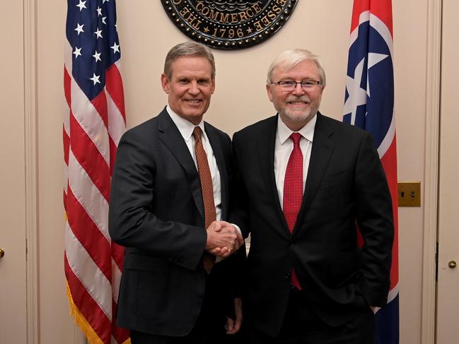 An image released on social media on February 16, 2025 showing Ambassador of Australia to the United States Kevin Rudd meeting with Governor of Tennessee Bill Lee in Tennessee to discuss the US-Australia partnership. Picture: X