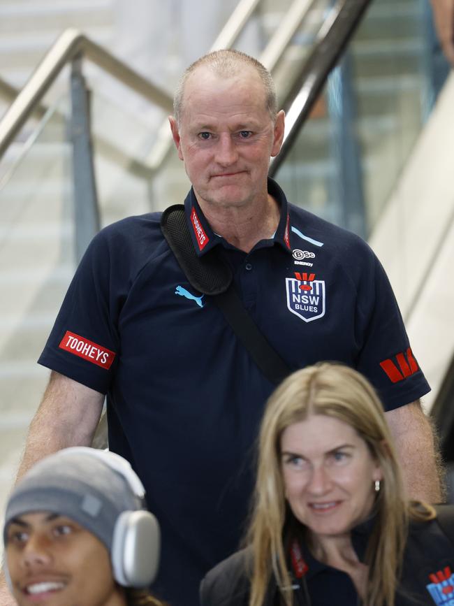 NSW Blues coach Michael Maguire arriving back in Sydney. Picture: Richard Dobson