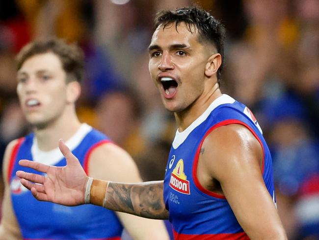MELBOURNE, AUSTRALIA - MAY 05: Jamarra Ugle-Hagan of the Bulldogs reacts after a goal that was later adjudicated as a free kick and 50m penalty against the Bulldogs during the 2024 AFL Round 08 match between the Western Bulldogs and the Hawthorn Hawks at Marvel Stadium on May 05, 2024 in Melbourne, Australia. (Photo by Dylan Burns/AFL Photos via Getty Images)