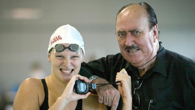 Coach Ken Wood with swimmer Leisel Jones at Redcliffe pool in 2004. PICTURE: Jamie Hanson