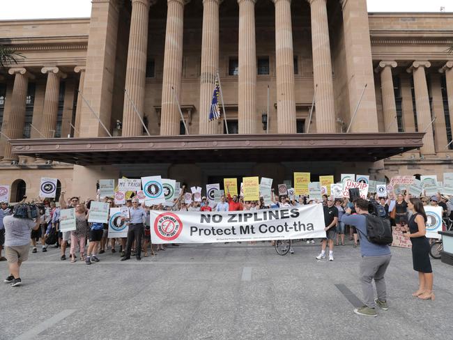 Anti-Zipline protesters outside City Hall. Picture: Mark Cranitch