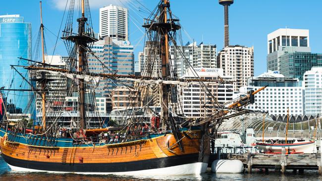 The replica of James Cook's HMS Endeavour, moored at the Australian National Maritime Museum. This year marks 250 years since the British explorer’s arrival in Australia. Picture: supplied