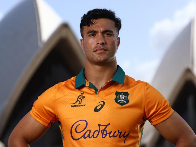 SYDNEY, AUSTRALIA – OCTOBER 29: Joseph-Aukuso Suaalii poses during the Wallabies jersey launch for the 2025 British &amp; Irish Lions Tour at The Royal Botanic Gardens on October 29, 2024 in Sydney, Australia. (Photo by Jason McCawley/Getty Images)