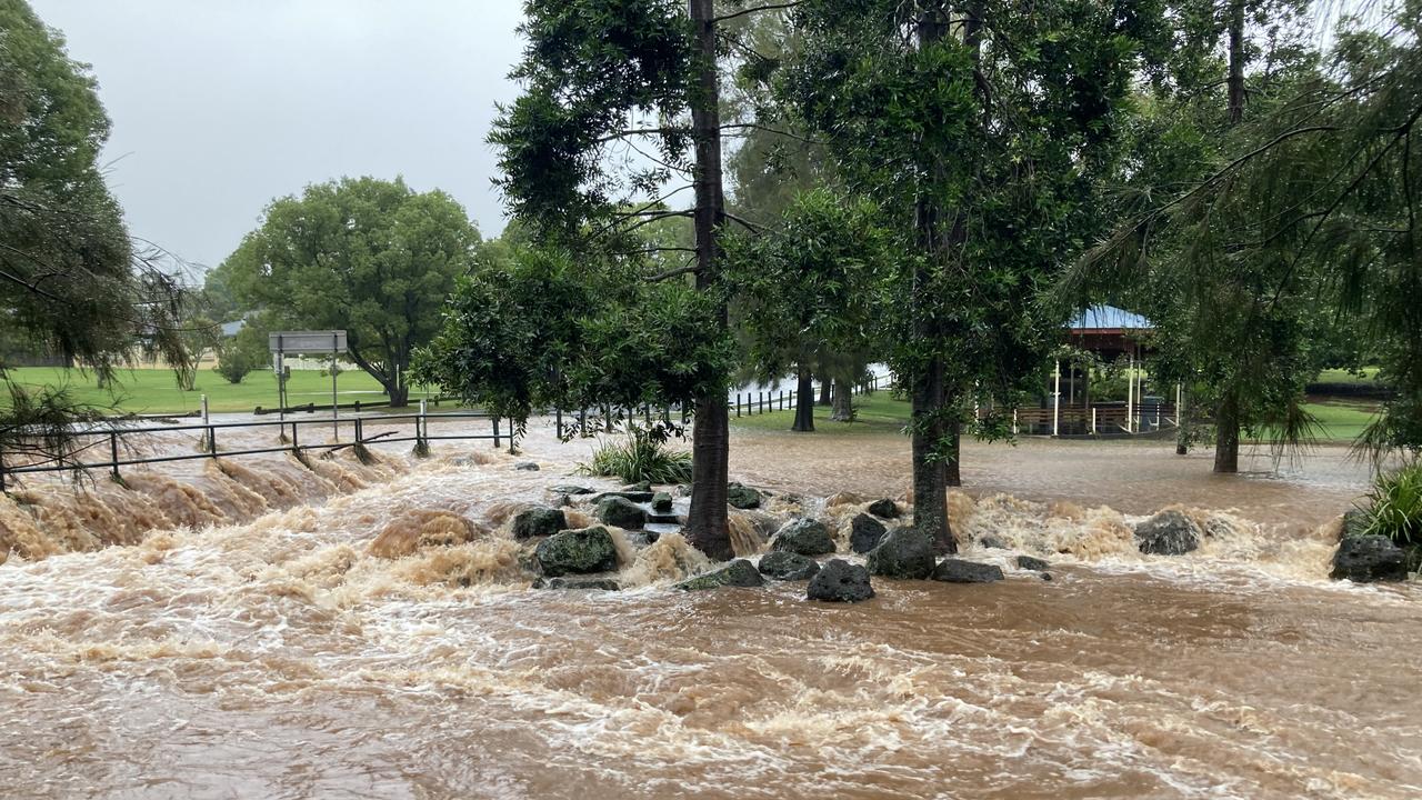 A large volume of water was flowing through East Creek at 1pm, February 25, 2022.