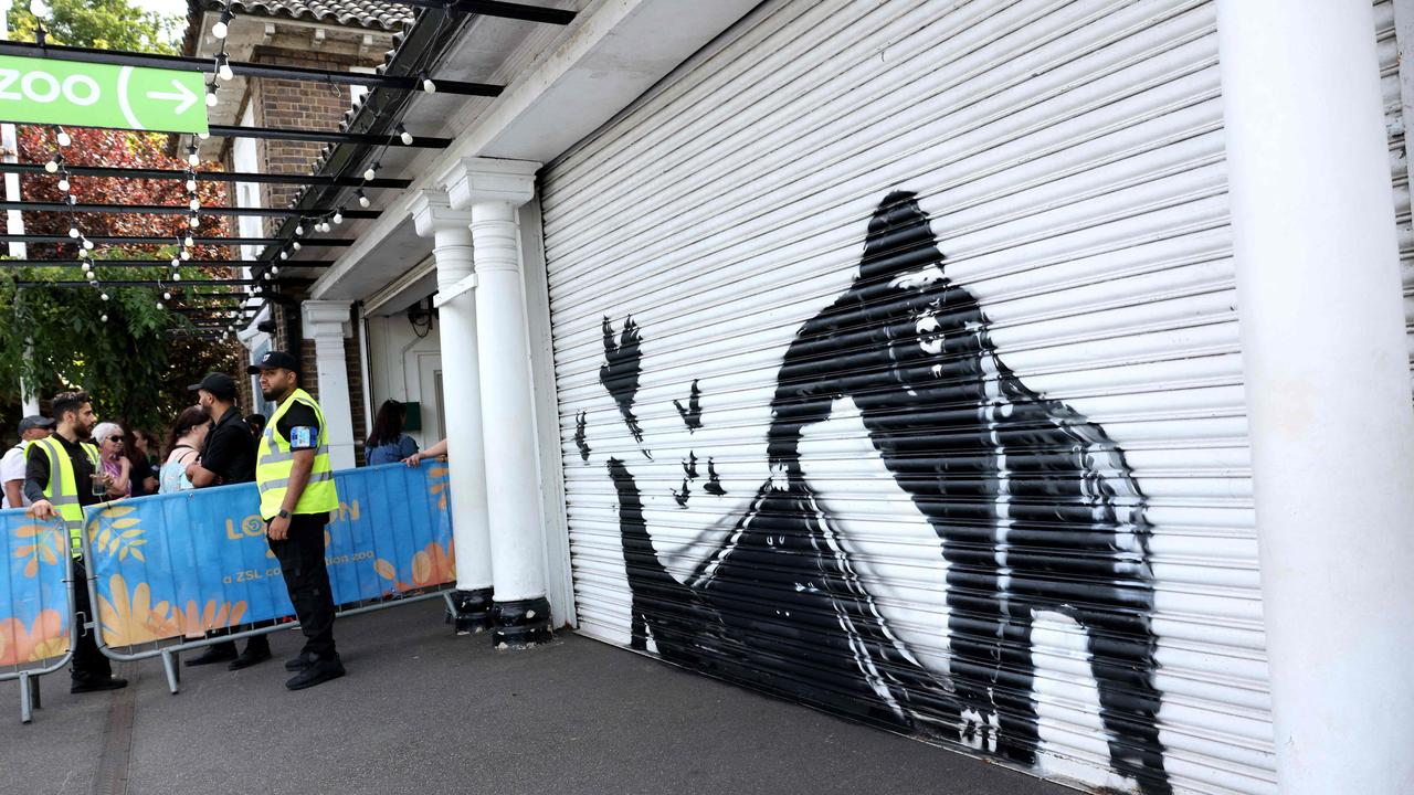 The ninth artwork by street artist Banksy is on the front of a shutter outside London zoo and shows a gorilla freeing animals. Picture: Adrian Dennis/AFP