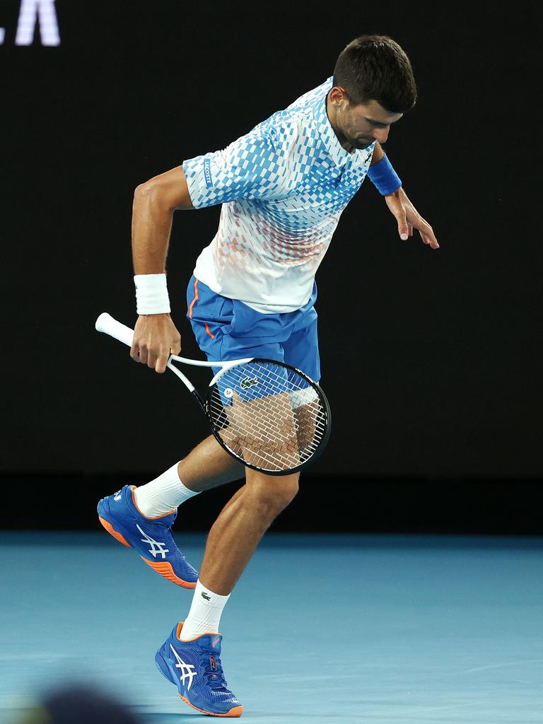 Novak Djokovic pulls up short on his injured left hamstring during his 2nd round match. Picture by Michael Klein