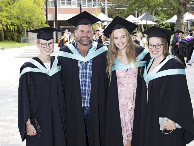 Grace Saunders, Matt Dowde, Madeleine Jarman and Isabella Finnigan at the UTAS Graduation at Launceston. PICTURE CHRIS KIDD