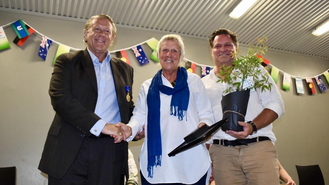 Deathwalker, marriage celebrant, feminist, queer and community   activist Zenith Virago was awarded Byron Shire Citizen of the Year 2021. Young Arakwal woman Nickolla Clarke was named the Byron Shire's Creative Artist of the Year. She received her award from Australian Day Ambassador Brad Farmer (left) and Byron Shire mayor Simon Richardson (right).