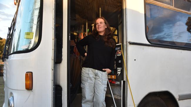 Emma Lenz, a single mother of two now lives in a bus after being priced out of the rental market in early 2023. Photo: Jessica Klein