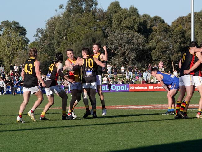 SFNL Division 1 grand final: Cranbourne v Cheltenham at RSEA Park. Cheltenham players celebrate they narrow victory. Picture: Valeriu Campan