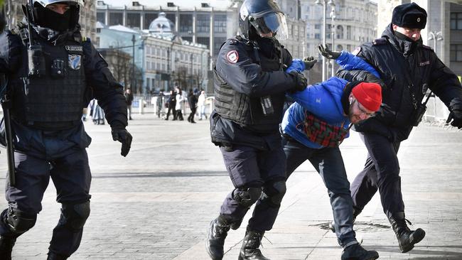 Police detained more than 800 anti-war protesters on Sunday alone. Picture: AFP