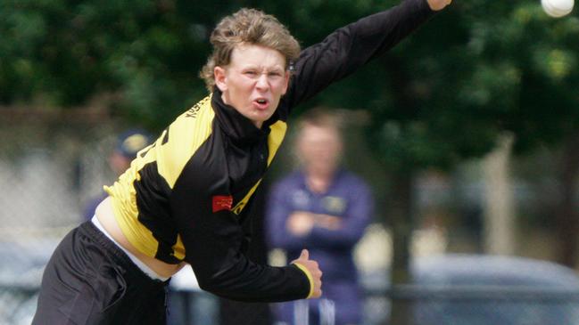 Premier Cricket 2023-24: Richmond v Ringwood at Central Reserve. Richmond bowler Reiley Mark. Picture: Valeriu Campan