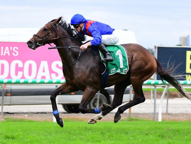 Annabel Neasham's Zaaki holds on to win the Group 2 Hollindale Stakes at the Gold Coast under jockey James McDonald, May 7 2022. Picture: Grant Peters-Trackside Photography,