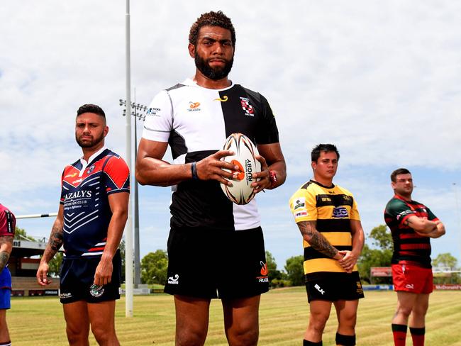 Hayden Austine Ð Swampdogs, Kendall Quakawoot Ð Palmerston, Wise Sekitoga Ð University Pirates, Nigel Maher Ð Darwin Dragons, Brett Joyes Ð South Darwin at the launch of the 2020 Darwin Rugby Union Season.Picture: Che Chorley