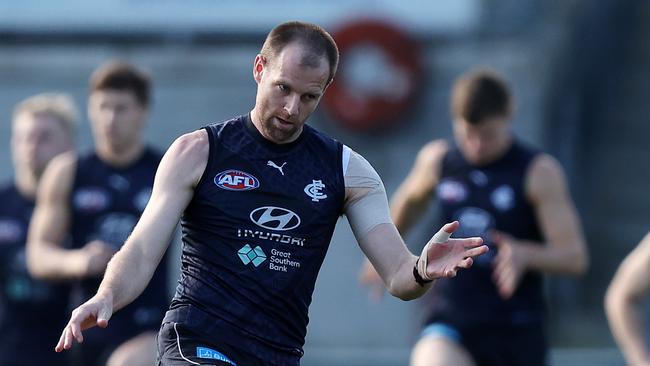 Former Blues skipper Sam Docherty is pushing for a finals return as he recovers from the third ACL tear of his career suffered during pre-season. Picture: Mark Stewart