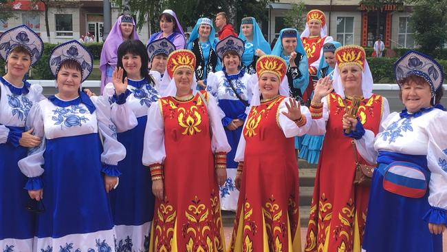 My new-found friends. Russian women in traditional dress in Saransk, near Moscow, during the World Cup. (Pic: Michael McGuire)