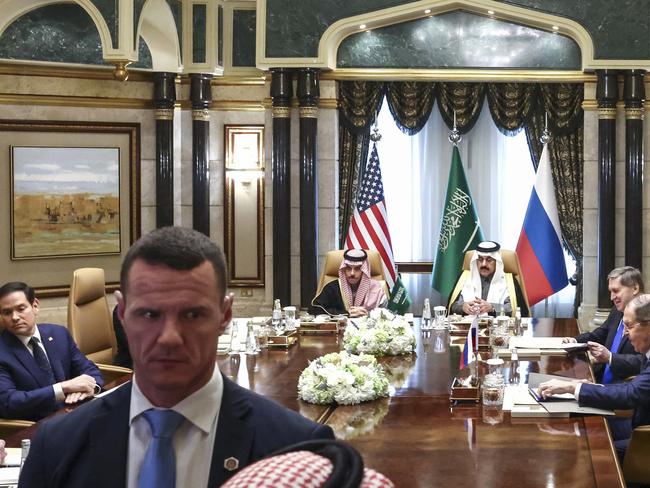 US Secretary of State Marco Rubio, left, Saudi Foreign Minister Prince Faisal bin Farhan Al Saud, Saudi National Security Adviser Mosaad bin Mohammad Al-Aiban, Russian Foreign Minister Sergei Lavrov, right, and Russian President Vladimir Putin's foreign policy adviser Yuri Ushakov, second right, attend their meeting at Diriyah Palace, in Riyadh. Picture: AP