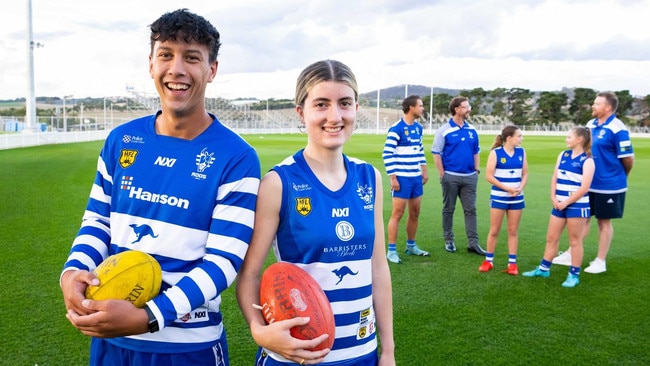 Mount Barker Football Club players Samuel Callins and Jardel Barker ahead of 2023 AFL Gather Round. Picture: The Advertiser/ Morgan Sette