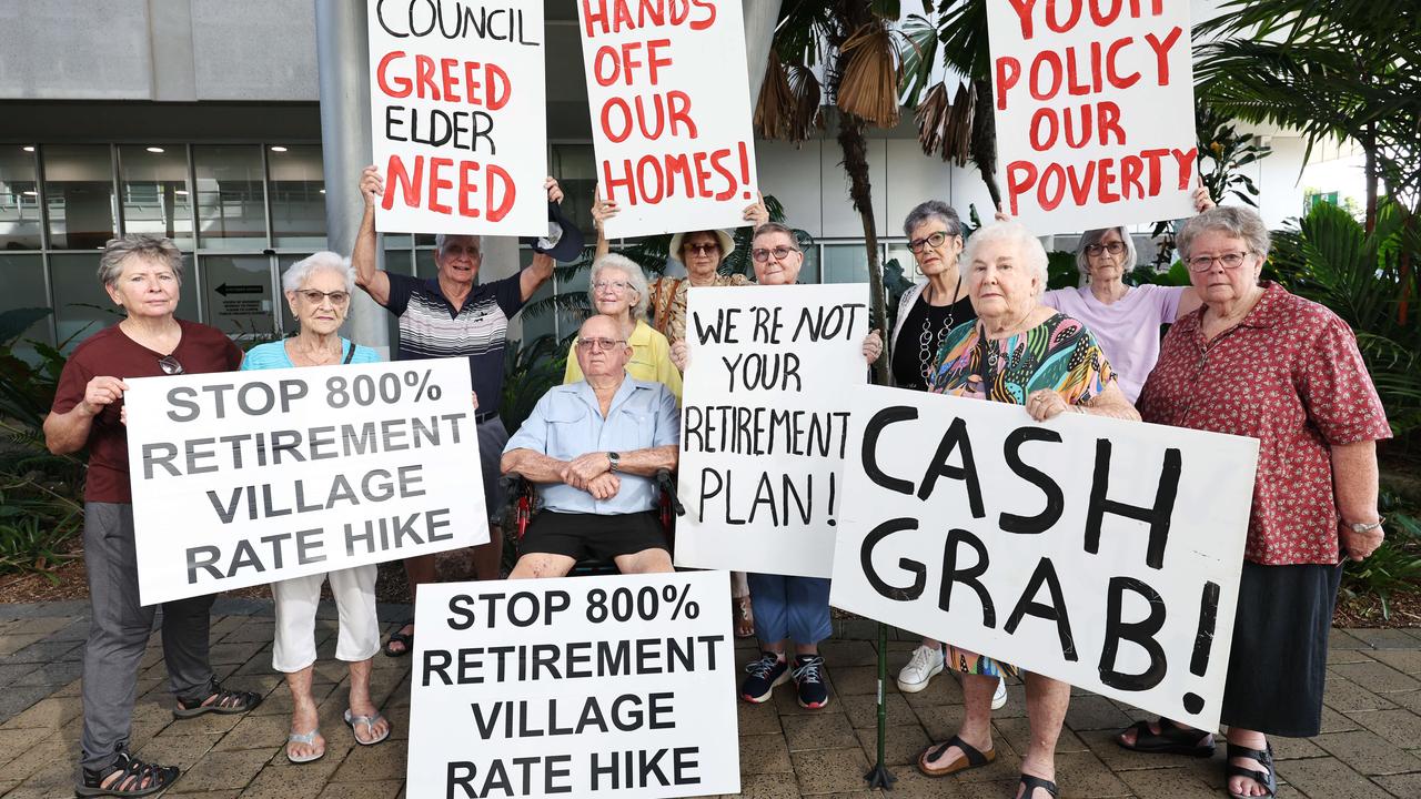 Cairns retirement village residents protested Cairns Regional Council’s proposed change to the zoning of their general rates, which will increase annual costs by 800 percent. Picture: Brendan Radke