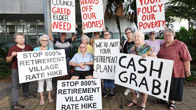 Cairns retirement village residents protested Cairns Regional Council’s proposed change to the zoning of their general rates, which will increase annual costs by 800 percent. Picture: Brendan Radke