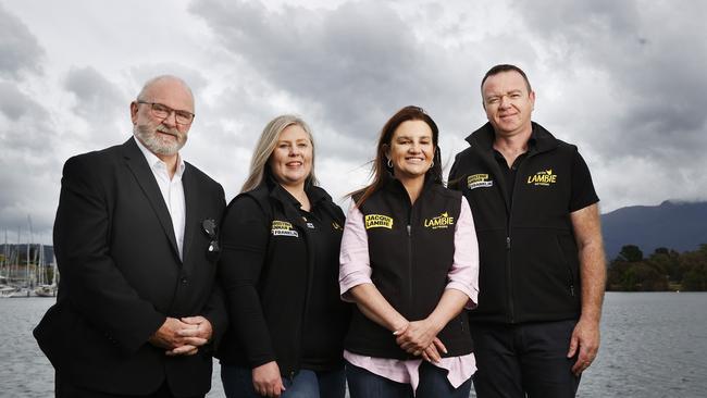 Jacqui Lambie with candidates L-R Marshall Callaghan, Christine Hannan, Conor Hallahan. Lambie Network candidates for Franklin for the Tasmanian state election. Picture: Nikki Davis-Jones