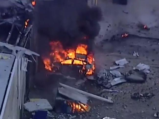 Fire and Damage to the DFO shopping complex in the aftermath of a plane crash at Essendon Fields. Picture: Channel 7