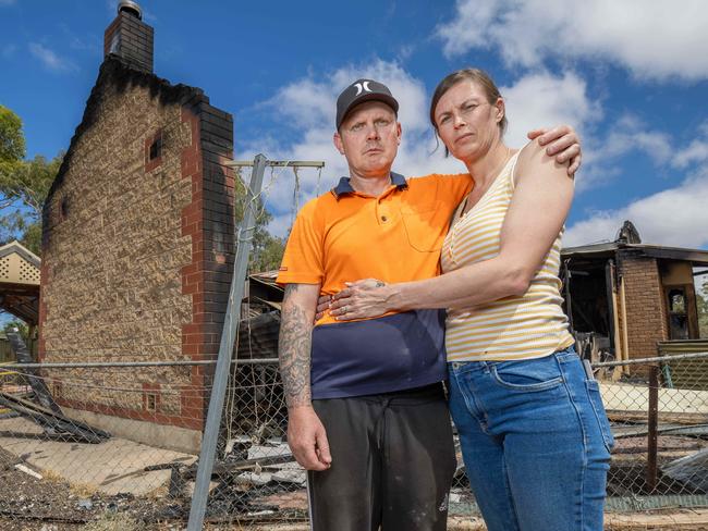 Kim and Daniel Pearce at their property after the House-fire in Two Wells. Pictured on 7th December 2024. Picture: Ben Clark