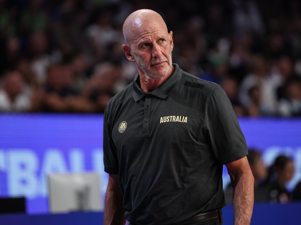 OKINAWA, JAPAN - SEPTEMBER 01: Head coach Brian Goorjian of Australia looks on during the FIBA Basketball World Cup 2nd Round Group K game between Slovenia and Australia at Okinawa Arena on September 01, 2023 in Okinawa, Japan. (Photo by Takashi Aoyama/Getty Images)