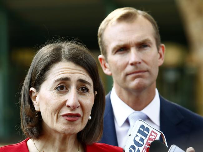 NSW Premier Gladys Berejiklian and NSW Education Minister Rob Stokes at Plunkett St Public School in Woolloomooloo yesterday. Picture: John Appleyard