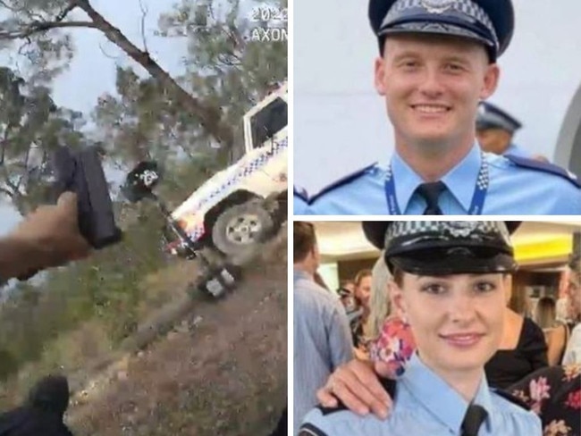 Harrowing footage taken as a police officer runs for his life while being gunned down on a rural property shows how closely he managed to escape with his life.