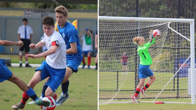 Aspley State High School captain Kobi Pastourel (left) and goalkeeper Henri Gaskin in action at the 2022 Bill Turner Cup. Picture: Lloyd Turner.