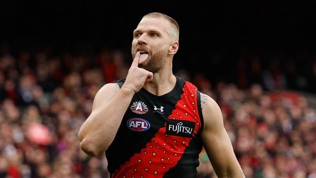 MELBOURNE, AUSTRALIA - APRIL 25: Jake Stringer of the Bombers celebrates a goal during the 2024 AFL Round 07 match between the Essendon Bombers and the Collingwood Magpies at the Melbourne Cricket Ground on April 25, 2024 in Melbourne, Australia. (Photo by Dylan Burns/AFL Photos via Getty Images)