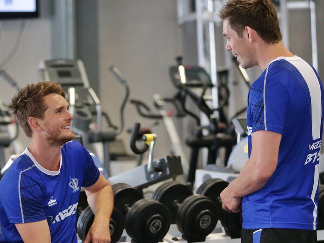 Brad McKenzie and Ryan Bastinac in the gym at Aegis Park. Picture: Hamish Blair