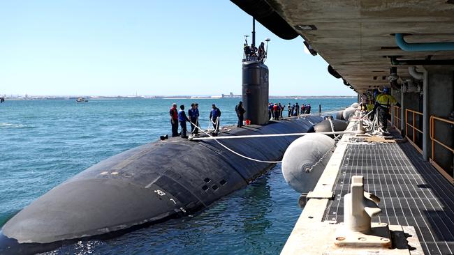 Los Angeles-class submarine USS Annapolis at the Diamantina Pier at HMAS Stirling on Garden Island offshore Perth. The nuclear-powered submarine is expected to dock in Australia more frequently under the AUKUS agreement.