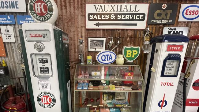 Vintage petrol bowsers, car magazines, and garage pieces from Roadside Relics on Brisbane Road, Gympie.