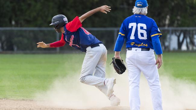 Brian Stubbs continues on to third base for Toowoomba Rangers. Picture: Kevin Farmer